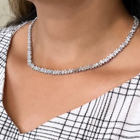 13.02Cttw Baguette Cut Diamond Tennis Statement Necklace 18K White Gold